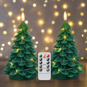 imageEldnacele Christmas Flameless Candles with 6 Hour Timer Battery Operated Hand Painted Pine Cone Real Wax 3D Wick Flickering LED Pillar Candles for Dinner Indoor Holiday Xmas Decor2Pcs D3H573Christmas Tree Remote