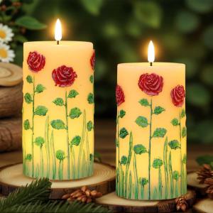 imageEldnacele Christmas Flameless Candles with 6 Hour Timer Battery Operated Hand Painted Pine Cone Real Wax 3D Wick Flickering LED Pillar Candles for Dinner Indoor Holiday Xmas Decor2Pcs D3H576Hand Painted Rose