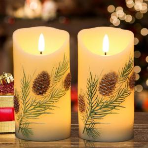 imageEldnacele Christmas Flameless Candles with 6 Hour Timer Battery Operated Hand Painted Pine Cone Real Wax 3D Wick Flickering LED Pillar Candles for Dinner Indoor Holiday Xmas Decor2Pcs D3H574Hand Painted Pine Cone