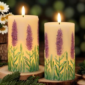imageEldnacele Christmas Flameless Candles with 6 Hour Timer Battery Operated Hand Painted Pine Cone Real Wax 3D Wick Flickering LED Pillar Candles for Dinner Indoor Holiday Xmas Decor2Pcs D3H576Hand Painted Lavender