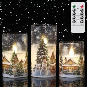 imageEldnacele Snowman Glass Flameless Flickering Candles with Remote and Timer Battery Operated Real Wax LED Pillar Candles Snowman House Decal Christmas Home Indoor Holiday Decor 3Pcs D3H45quot6quotSnowman Candle
