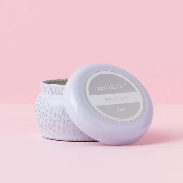 Capri Blue Volcano Scented Candle  White Printed Mini Tin Jar Candle  Luxury Aromatherapy Candle with a Soy Wax Blend  Volcano Candles with a Citrus Scent  White Candle 3 oz