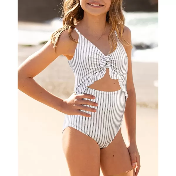 Saodimallsu Girls One Piece Cutout Ruffle Swimsuits Kids Floral High Waisted Tie Front Bathing SuitsWhite