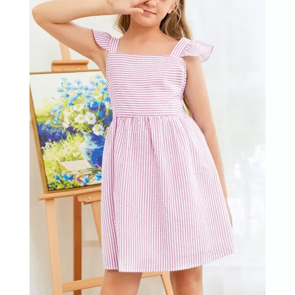 Saodimallsu Girls Summer Dress Spaghetti Strap cami Beach Sundress Spring Outfits for Kids Striped Dress Ruffle SleeveRose Red