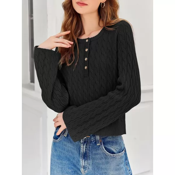 Saodimallsu Womens Button V Neck Pullover Sweaters Cable Knit Fall Trendy Bell Long Sleeve Casual Henley TopBlack