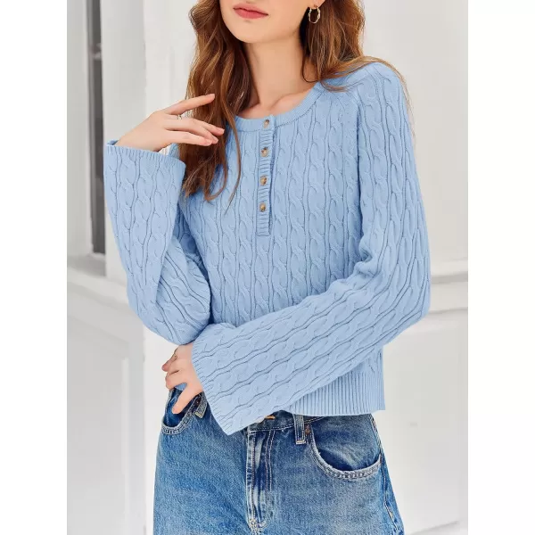 Saodimallsu Womens Button V Neck Pullover Sweaters Cable Knit Fall Trendy Bell Long Sleeve Casual Henley TopLight Blue