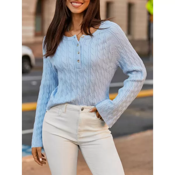 Saodimallsu Womens Button V Neck Pullover Sweaters Cable Knit Fall Trendy Bell Long Sleeve Casual Henley TopLight Blue