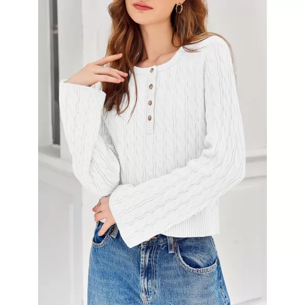 Saodimallsu Womens Button V Neck Pullover Sweaters Cable Knit Fall Trendy Bell Long Sleeve Casual Henley TopWhite