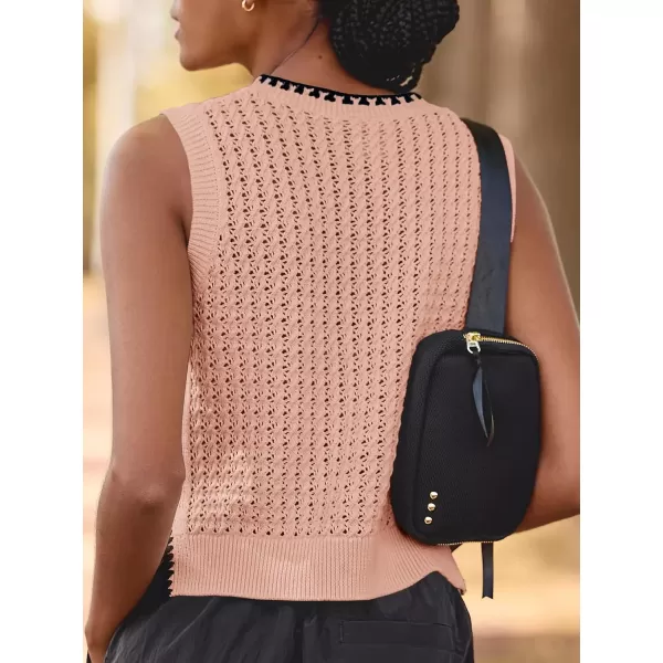 Saodimallsu Womens Summer Sleeveless Tank Tops Casual Crewneck Crochet Knit Color Block Side Split Loose ShirtsPink