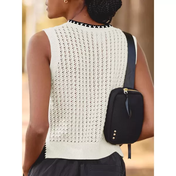 Saodimallsu Womens Summer Sleeveless Tank Tops Casual Crewneck Crochet Knit Color Block Side Split Loose ShirtsWhite