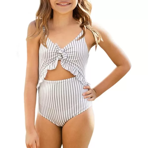 Saodimallsu Girls One Piece Cutout Ruffle Swimsuits Kids Floral High Waisted Tie Front Bathing SuitsWhite