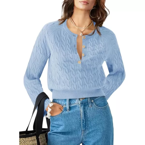 Saodimallsu Womens Button V Neck Pullover Sweaters Cable Knit Fall Trendy Bell Long Sleeve Casual Henley TopLight Blue