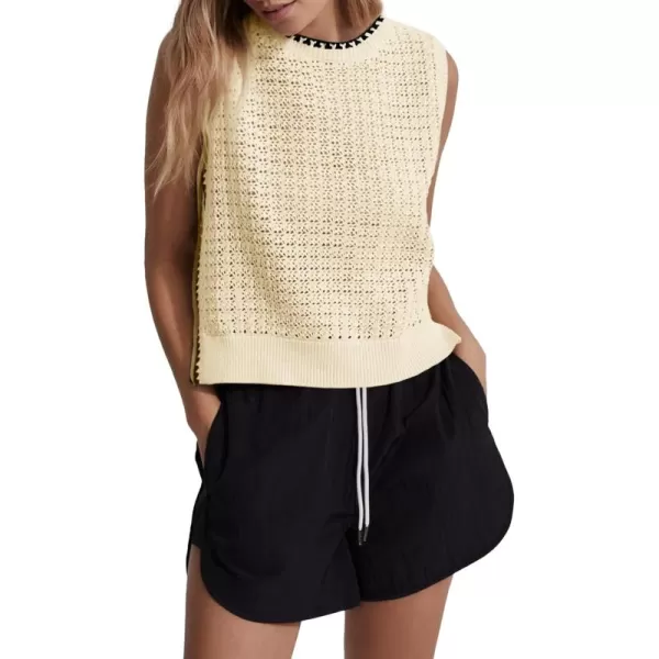 Saodimallsu Womens Summer Sleeveless Tank Tops Casual Crewneck Crochet Knit Color Block Side Split Loose ShirtsBeige