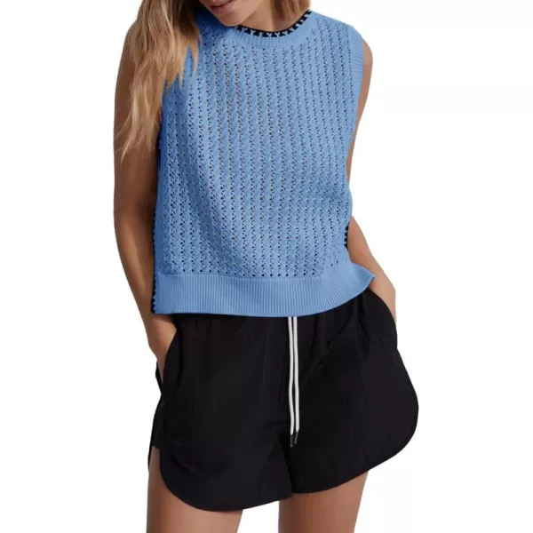 Saodimallsu Womens Summer Sleeveless Tank Tops Casual Crewneck Crochet Knit Color Block Side Split Loose ShirtsBlue