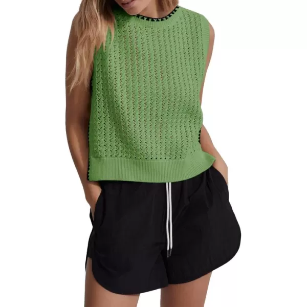 Saodimallsu Womens Summer Sleeveless Tank Tops Casual Crewneck Crochet Knit Color Block Side Split Loose ShirtsGreen