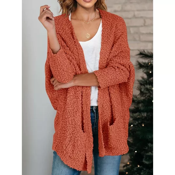 Saodimallsu Womens Chunky Popcorn Cardigan Oversized Open Front Boyfriend Batwing Long Sleeve Fuzzy Knit SweatersBrick Red