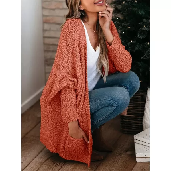 Saodimallsu Womens Chunky Popcorn Cardigan Oversized Open Front Boyfriend Batwing Long Sleeve Fuzzy Knit SweatersBrick Red