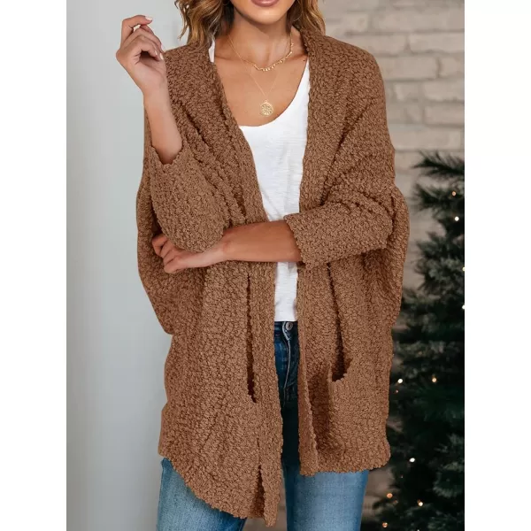 Saodimallsu Womens Chunky Popcorn Cardigan Oversized Open Front Boyfriend Batwing Long Sleeve Fuzzy Knit SweatersCoffee