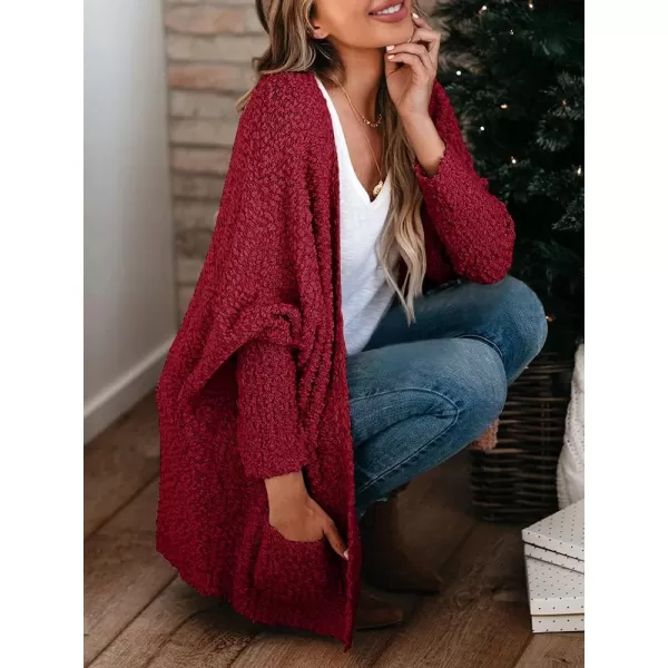 Saodimallsu Womens Chunky Popcorn Cardigan Oversized Open Front Boyfriend Batwing Long Sleeve Fuzzy Knit SweatersWine Red