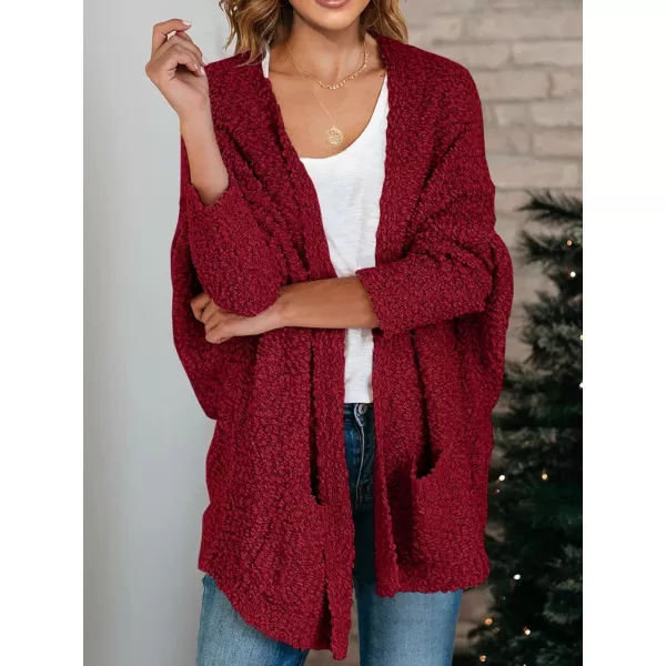 Saodimallsu Womens Chunky Popcorn Cardigan Oversized Open Front Boyfriend Batwing Long Sleeve Fuzzy Knit SweatersWine Red