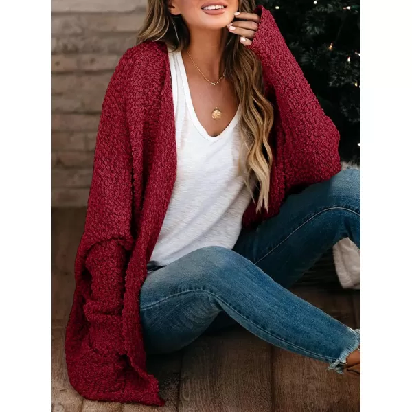 Saodimallsu Womens Chunky Popcorn Cardigan Oversized Open Front Boyfriend Batwing Long Sleeve Fuzzy Knit SweatersWine Red