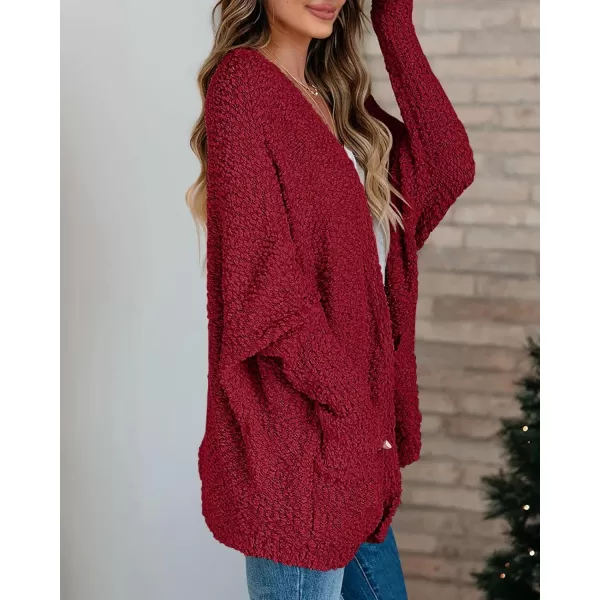 Saodimallsu Womens Chunky Popcorn Cardigan Oversized Open Front Boyfriend Batwing Long Sleeve Fuzzy Knit SweatersWine Red