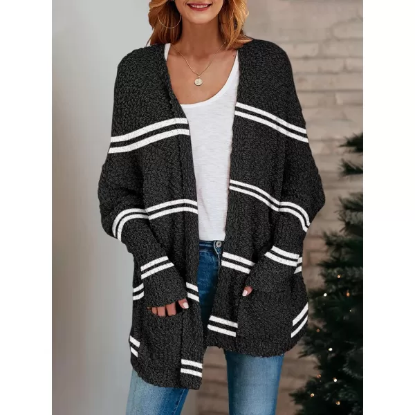 Saodimallsu Womens Chunky Popcorn Cardigan Oversized Open Front Boyfriend Batwing Long Sleeve Fuzzy Knit SweatersZ Striped Black