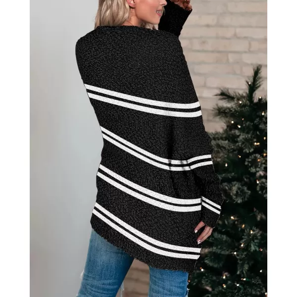 Saodimallsu Womens Chunky Popcorn Cardigan Oversized Open Front Boyfriend Batwing Long Sleeve Fuzzy Knit SweatersZ Striped Black