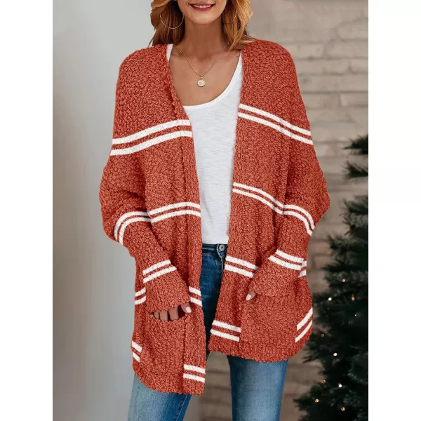 Saodimallsu Womens Chunky Popcorn Cardigan Oversized Open Front Boyfriend Batwing Long Sleeve Fuzzy Knit SweatersZ Striped Brick Red