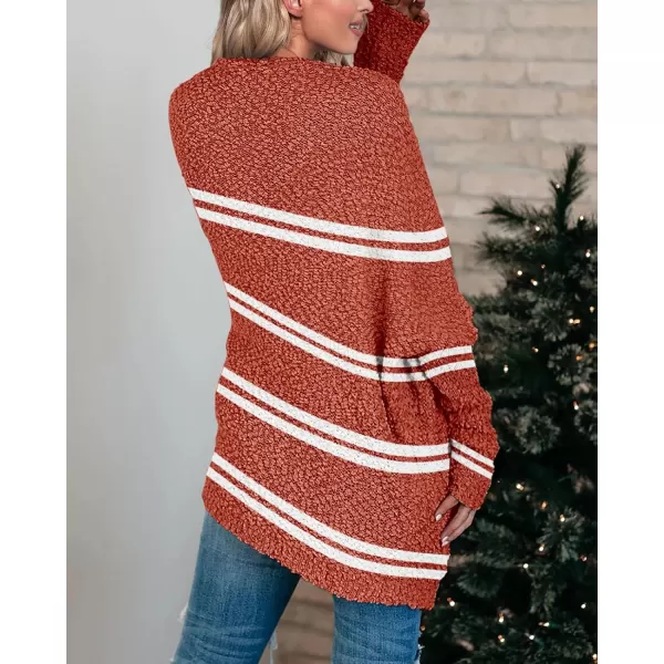 Saodimallsu Womens Chunky Popcorn Cardigan Oversized Open Front Boyfriend Batwing Long Sleeve Fuzzy Knit SweatersZ Striped Brick Red