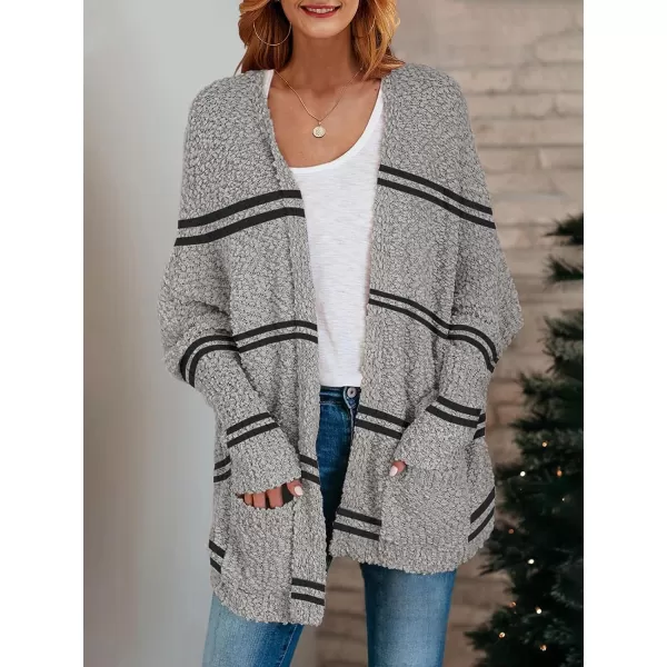 Saodimallsu Womens Chunky Popcorn Cardigan Oversized Open Front Boyfriend Batwing Long Sleeve Fuzzy Knit SweatersZ Striped Grey