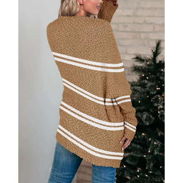 Saodimallsu Womens Chunky Popcorn Cardigan Oversized Open Front Boyfriend Batwing Long Sleeve Fuzzy Knit SweatersZ Striped Khaki