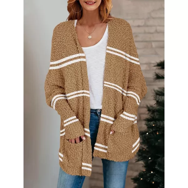 Saodimallsu Womens Chunky Popcorn Cardigan Oversized Open Front Boyfriend Batwing Long Sleeve Fuzzy Knit SweatersZ Striped Khaki