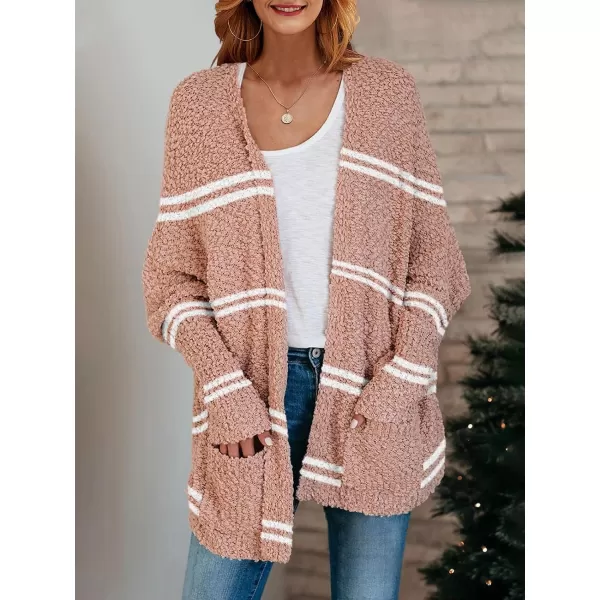 Saodimallsu Womens Chunky Popcorn Cardigan Oversized Open Front Boyfriend Batwing Long Sleeve Fuzzy Knit SweatersZ Striped Pink