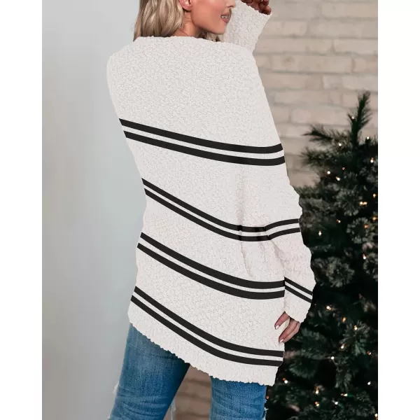 Saodimallsu Womens Chunky Popcorn Cardigan Oversized Open Front Boyfriend Batwing Long Sleeve Fuzzy Knit SweatersZ Striped White