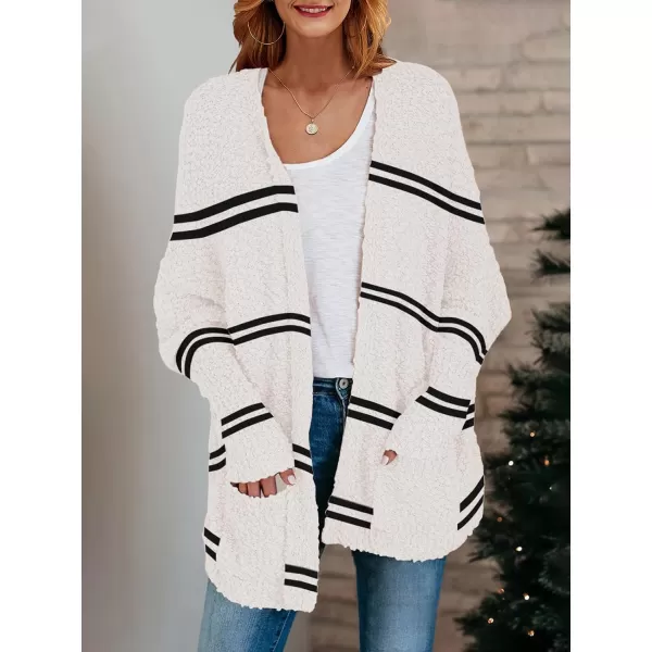 Saodimallsu Womens Chunky Popcorn Cardigan Oversized Open Front Boyfriend Batwing Long Sleeve Fuzzy Knit SweatersZ Striped White