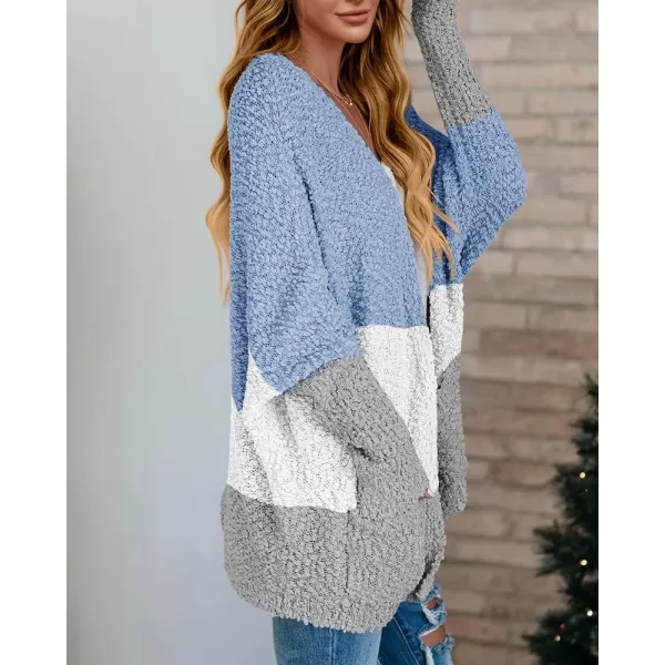 Saodimallsu Womens Chunky Popcorn Cardigan Oversized Open Front Boyfriend Batwing Long Sleeve Fuzzy Knit SweatersZblue