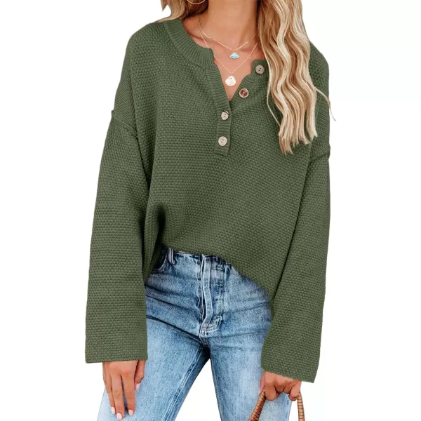 Saodimallsu Womens Oversized Sweaters Batwing Long Sleeve Loose V Neck Button Henley Tops Pullover Knit JumperArmy Green