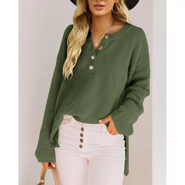 Saodimallsu Womens Oversized Sweaters Batwing Long Sleeve Loose V Neck Button Henley Tops Pullover Knit JumperArmy Green