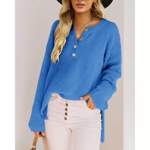 Saodimallsu Womens Oversized Sweaters Batwing Long Sleeve Loose V Neck Button Henley Tops Pullover Knit JumperBlue