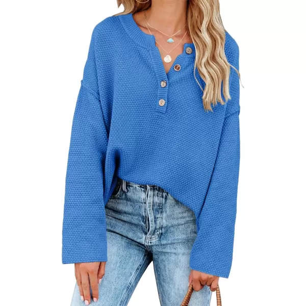 Saodimallsu Womens Oversized Sweaters Batwing Long Sleeve Loose V Neck Button Henley Tops Pullover Knit JumperBlue