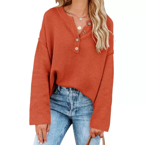 Saodimallsu Womens Oversized Sweaters Batwing Long Sleeve Loose V Neck Button Henley Tops Pullover Knit JumperBrick RedPumpkin Orange