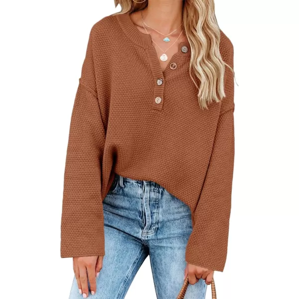 Saodimallsu Womens Oversized Sweaters Batwing Long Sleeve Loose V Neck Button Henley Tops Pullover Knit JumperBrown