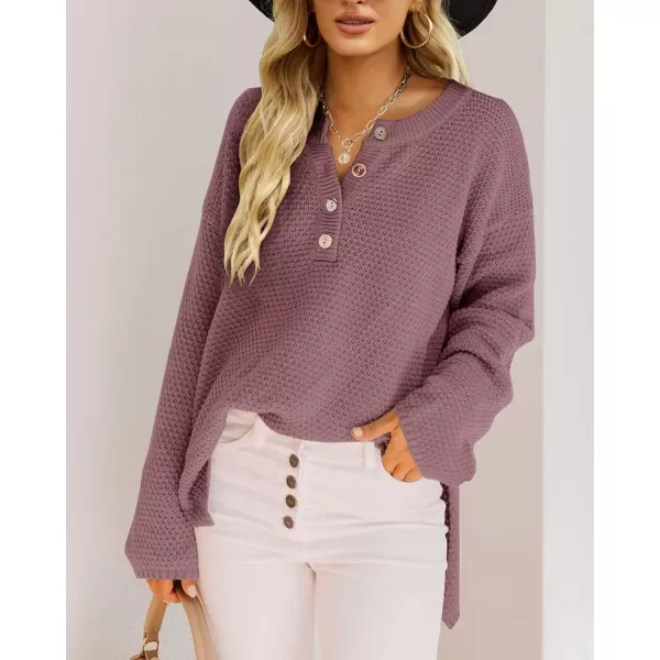 Saodimallsu Womens Oversized Sweaters Batwing Long Sleeve Loose V Neck Button Henley Tops Pullover Knit JumperDark Purple