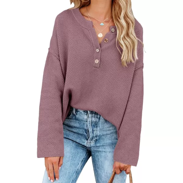 Saodimallsu Womens Oversized Sweaters Batwing Long Sleeve Loose V Neck Button Henley Tops Pullover Knit JumperDark Purple