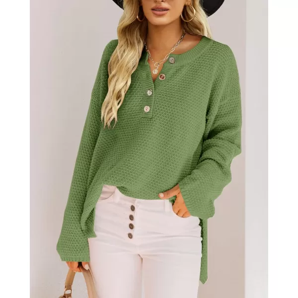 Saodimallsu Womens Oversized Sweaters Batwing Long Sleeve Loose V Neck Button Henley Tops Pullover Knit JumperGrass Green