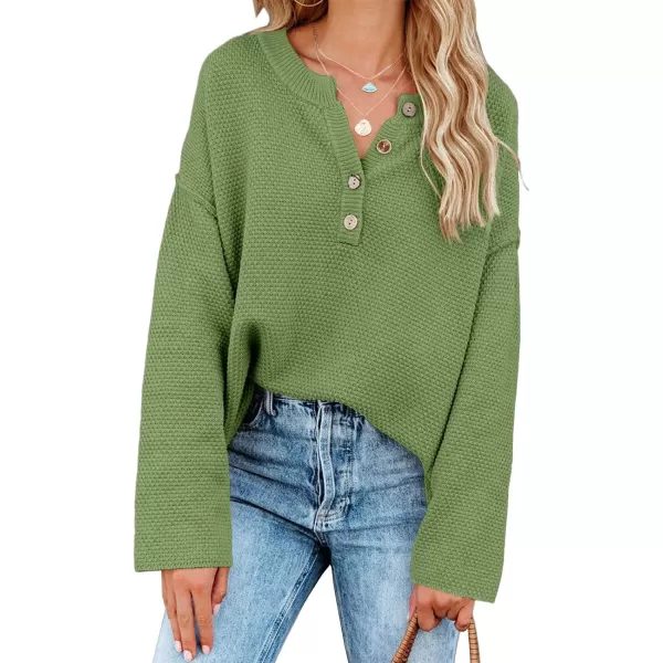 Saodimallsu Womens Oversized Sweaters Batwing Long Sleeve Loose V Neck Button Henley Tops Pullover Knit JumperGrass Green