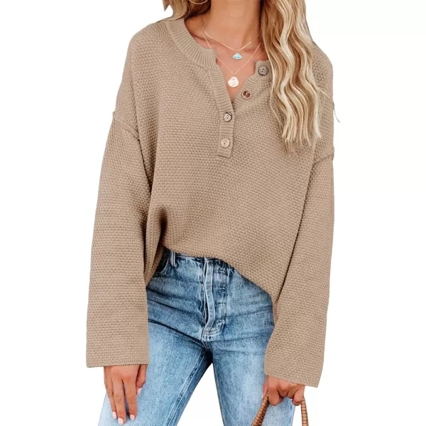 Saodimallsu Womens Oversized Sweaters Batwing Long Sleeve Loose V Neck Button Henley Tops Pullover Knit JumperKhaki