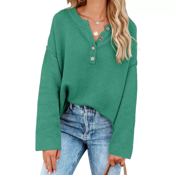 Saodimallsu Womens Oversized Sweaters Batwing Long Sleeve Loose V Neck Button Henley Tops Pullover Knit JumperLake Green