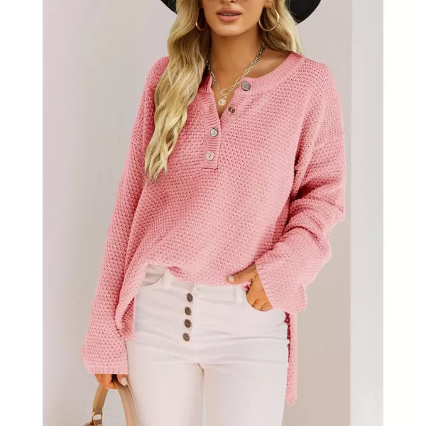 Saodimallsu Womens Oversized Sweaters Batwing Long Sleeve Loose V Neck Button Henley Tops Pullover Knit JumperPink